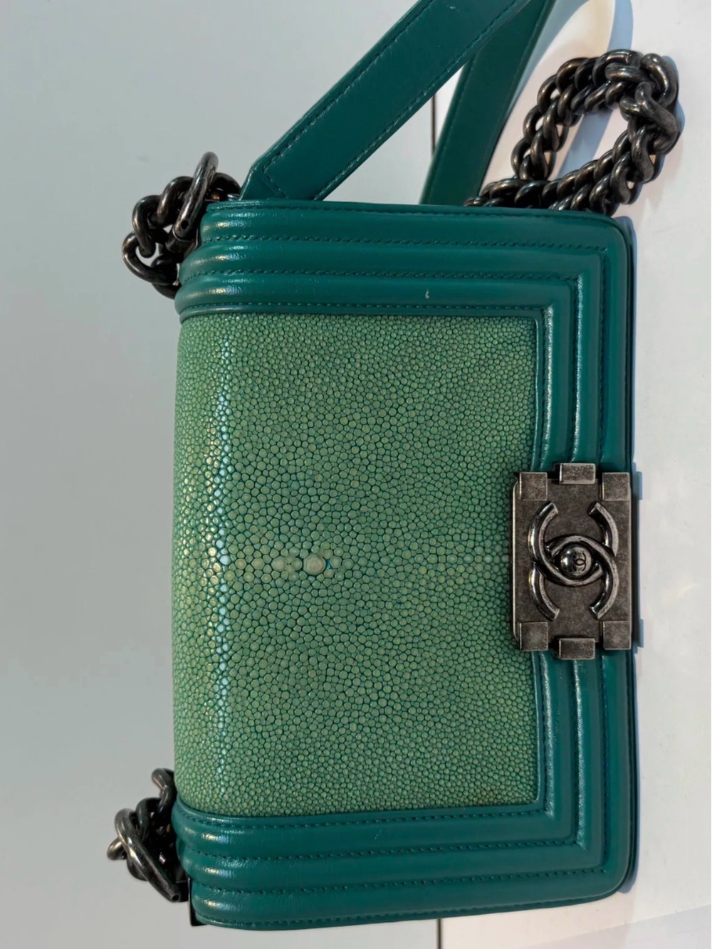 CHANEL Green Stingray and Teal Boy Bag with Silver Hardware